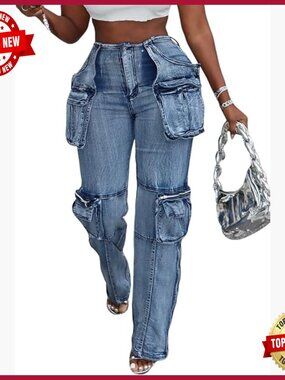 Stretch Cargo Jeans Women Straight Leg Side Zipper Slit Denim Pants